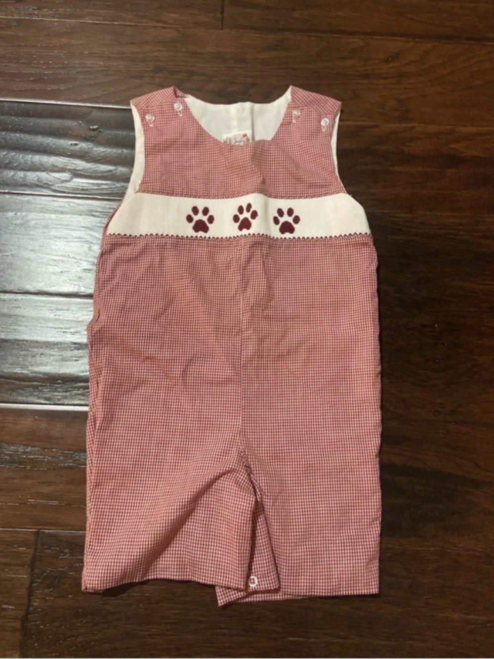 Boutique The Smocking Place Paws Sz 4T boys gingham burgundy/white romper shorts
